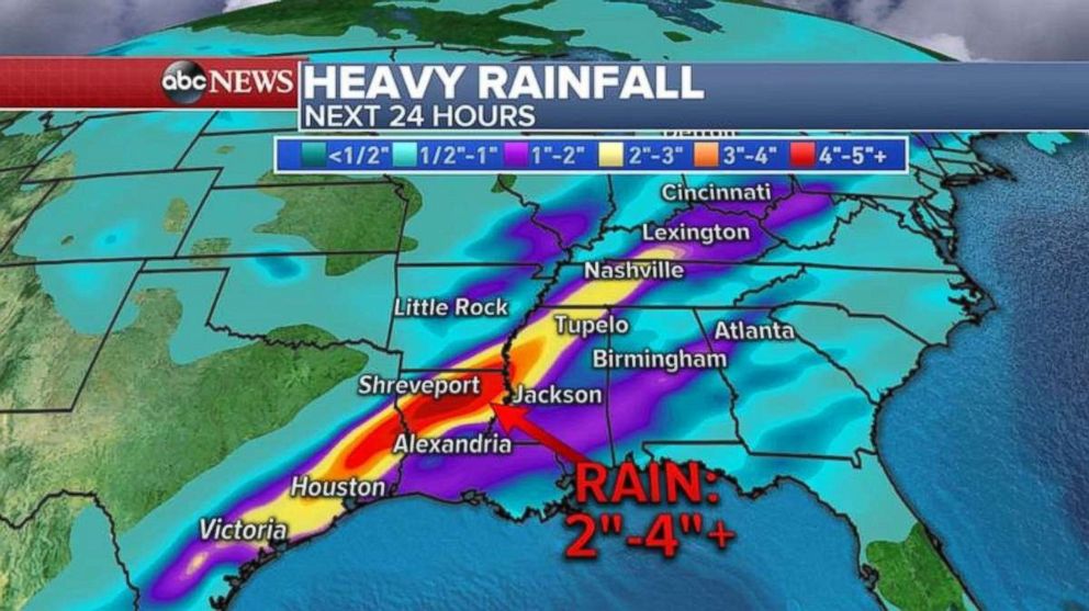 About 2-4 inches of rain could fall in the next 24 hours between Texas and Mississippi.