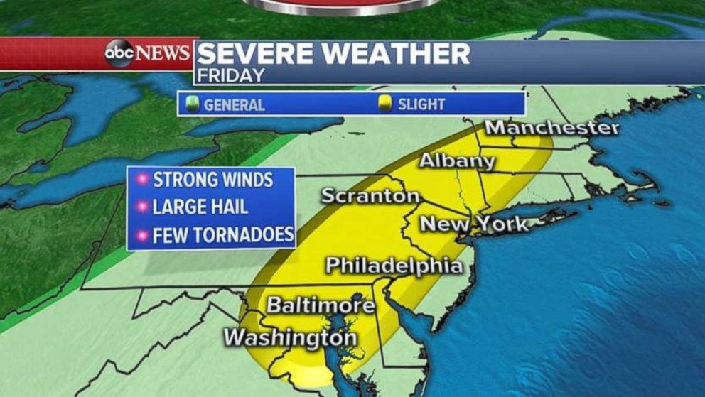 Severe weather is expected today along much of the East Coast.