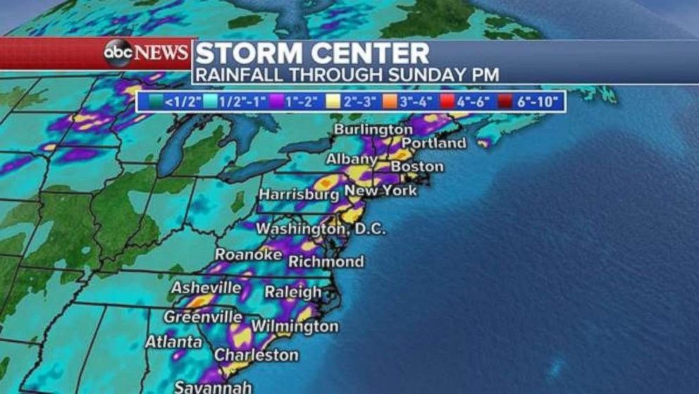 Parts of the East Coast may see 2 to 3 inches of rain through Sunday.