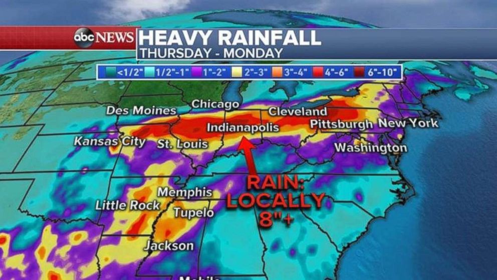 Heavy rainfall is expected through Monday for much of the eastern U.S.