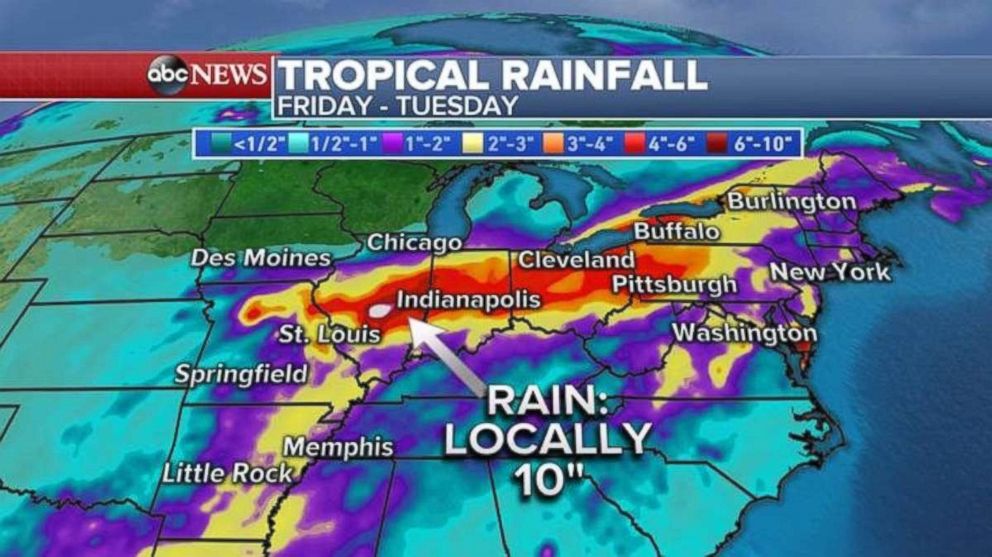 Parts of the Midwest and eastern U.S. may see 10 inches of rain through Tuesday.