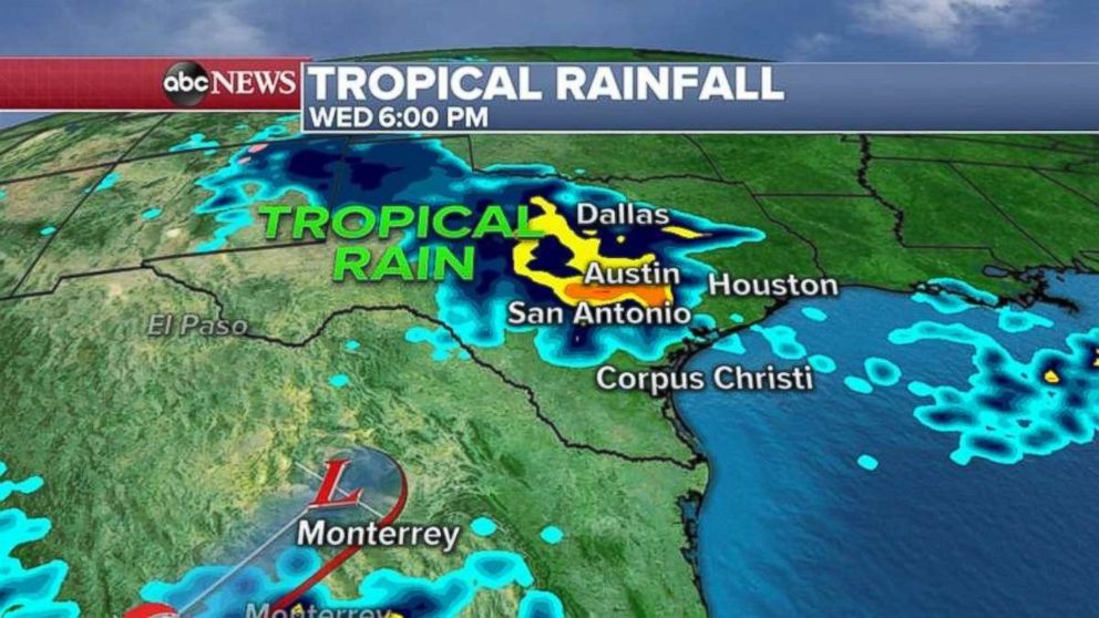 Tropical rainfall will be battering Texas by Wednesday evening.