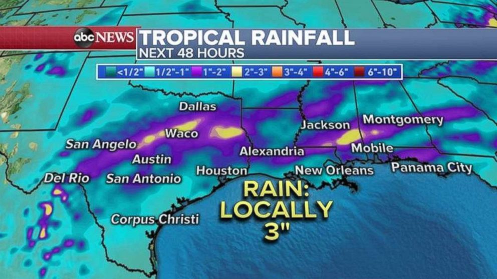 Tropical rainfall throughout the South is mounting.