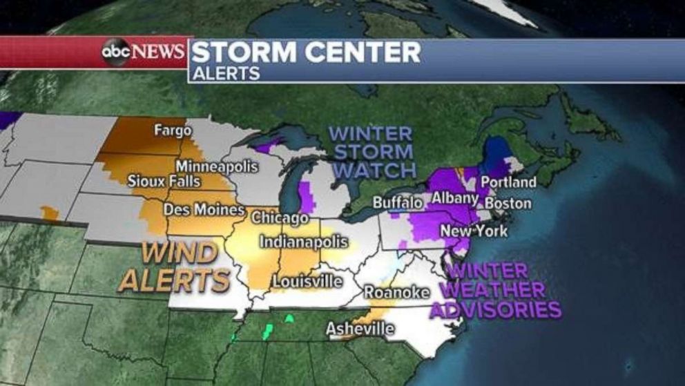 Wind alerts currently are in effect in the Midwest as the Northeast braces for colder temps and snow.