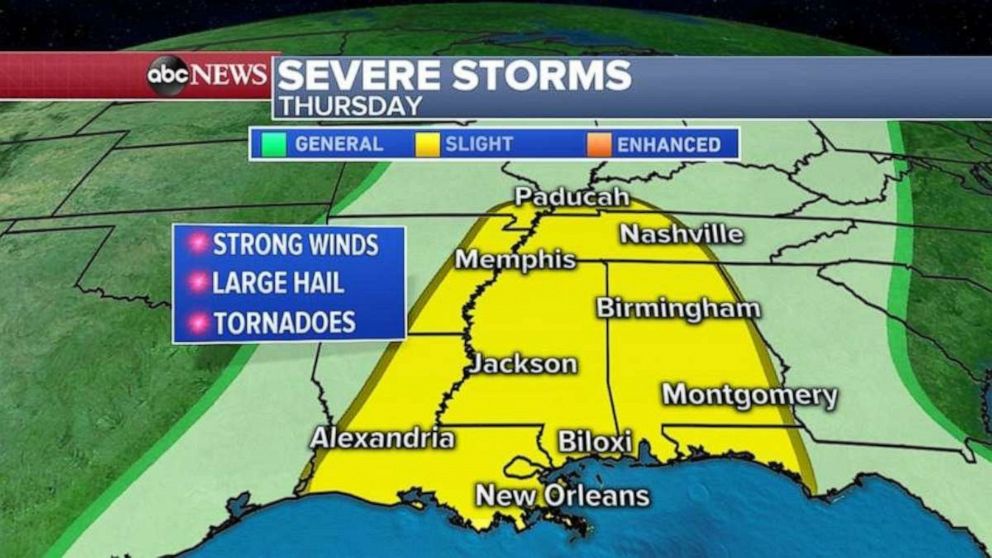 PHOTO: Severe weather in the South should continue on Thursday.