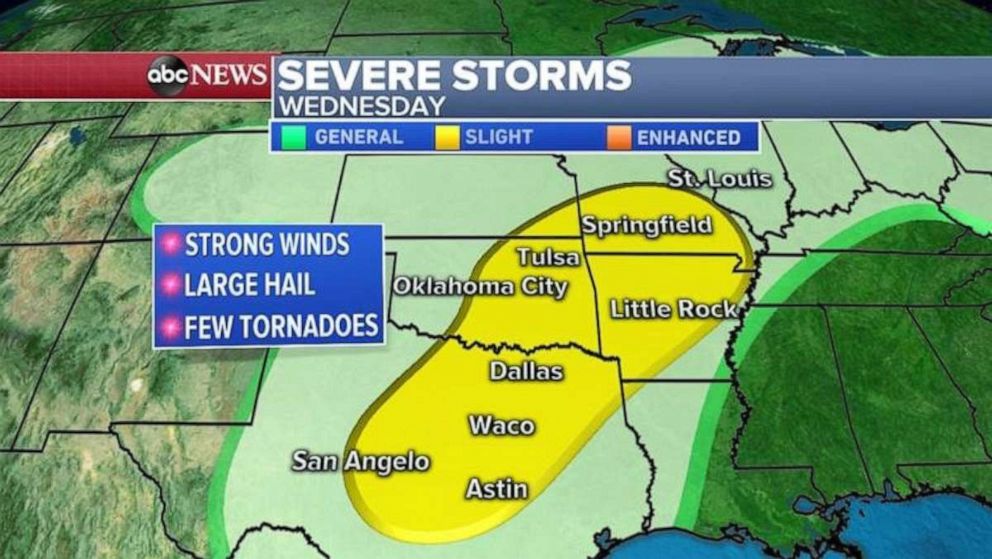 PHOTO: Severe storms are expected to continue on Wednesday from Texas up through Missouri.