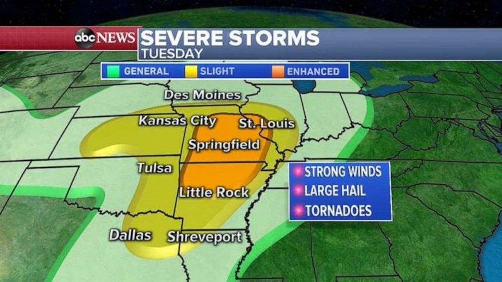 PHOTO: Tornadoes are a strong possibility again today for a wide swath of the Plains.