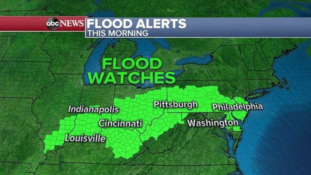 PHOTO: Flood watches stretched from Illinois to New Jersey Tuesday morning.