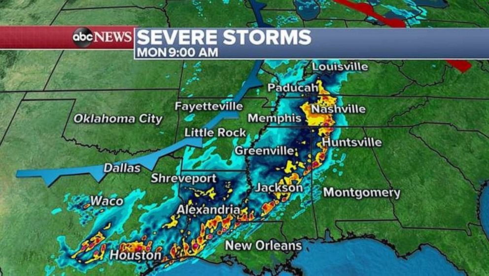 PHOTO: A massive swath of severe storms likely will stretch from Houston to Louisville on Monday morning.