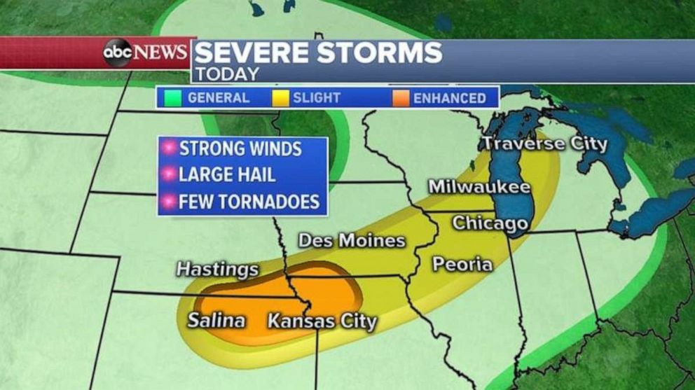 PHOTO: Severe storms on Tuesday stretch from Kansas into Michigan.