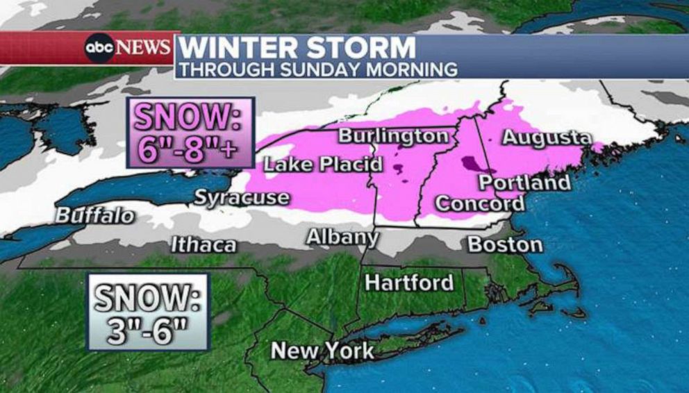 PHOTO:An ABC News weather map released on Dec. 18, 2021, shows a storm system projected to move into the Northeast bringing heavy snow, freezing rain and rain showers.