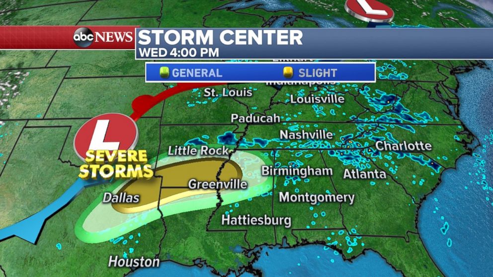 Severe storms are expected tomorrow from Northeast Texas up through northern Mississippi.