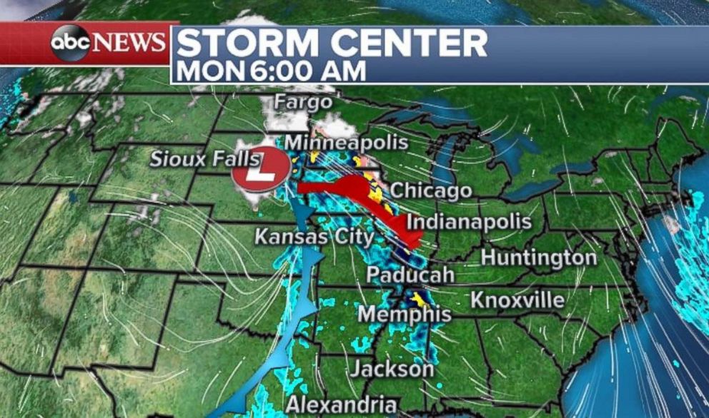 Storms will stretch from the Upper Midwest to nearly the Gulf Coast Monday morning.