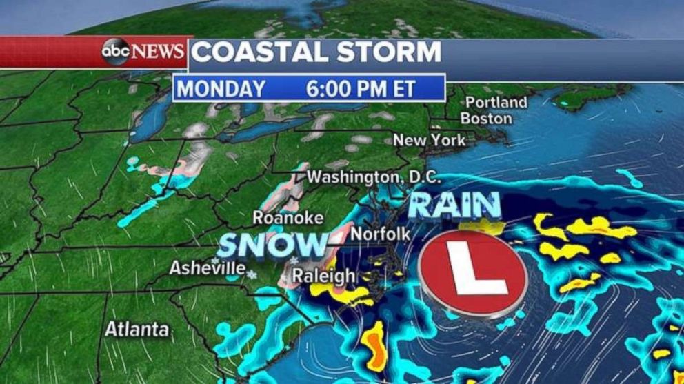 The mid-Atlantic region will see heavy rain beginning Monday evening.