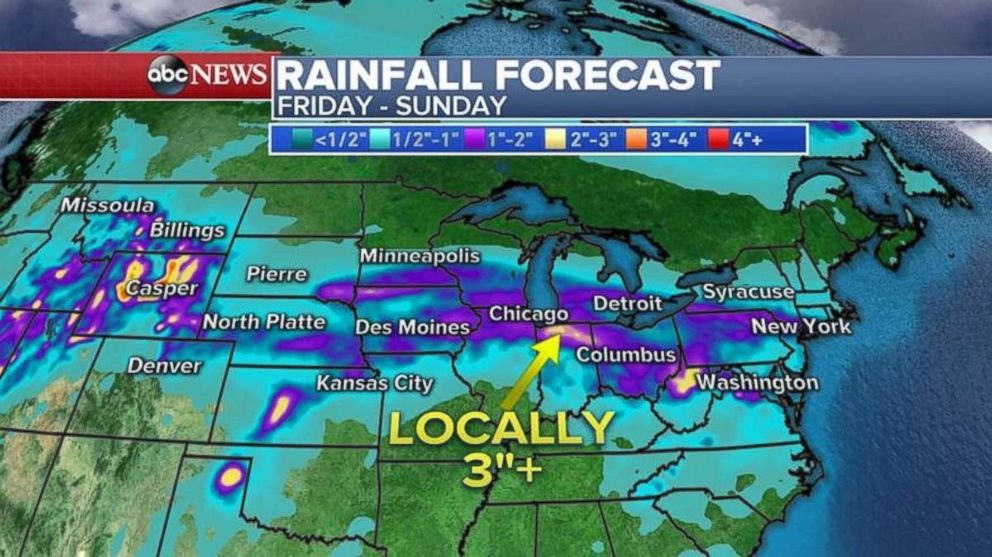 Rainfall through Sunday in some parts may near 4 inches.