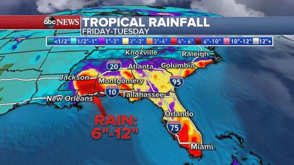 From Friday through Tuesday, parts of the Southeast may see 6-12 inches of rain.