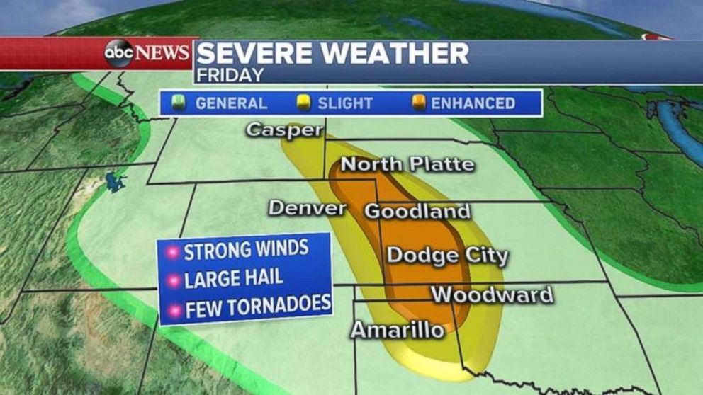 Tornadoes, damaging winds and hail are possible in a wide swath of the Plains today.