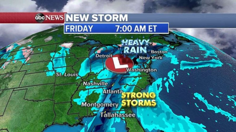 Strong storms are forecast for the East Coast on Friday.