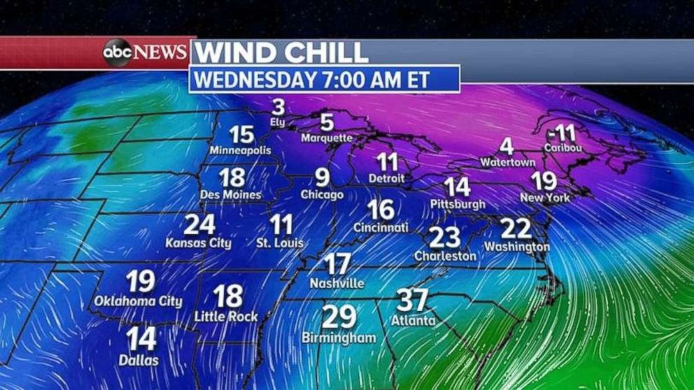 Wind chills early Wednesday will be brutally cold in much of the country.