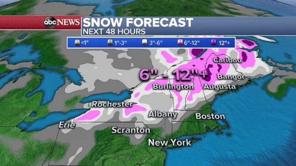 Much of the far north-east could see at least one foot of snow over the next 48 hours.