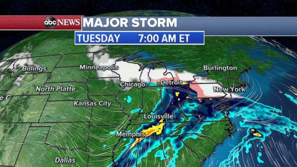 By Tuesday morning, the major storm will stretch across much of the eastern U.S.