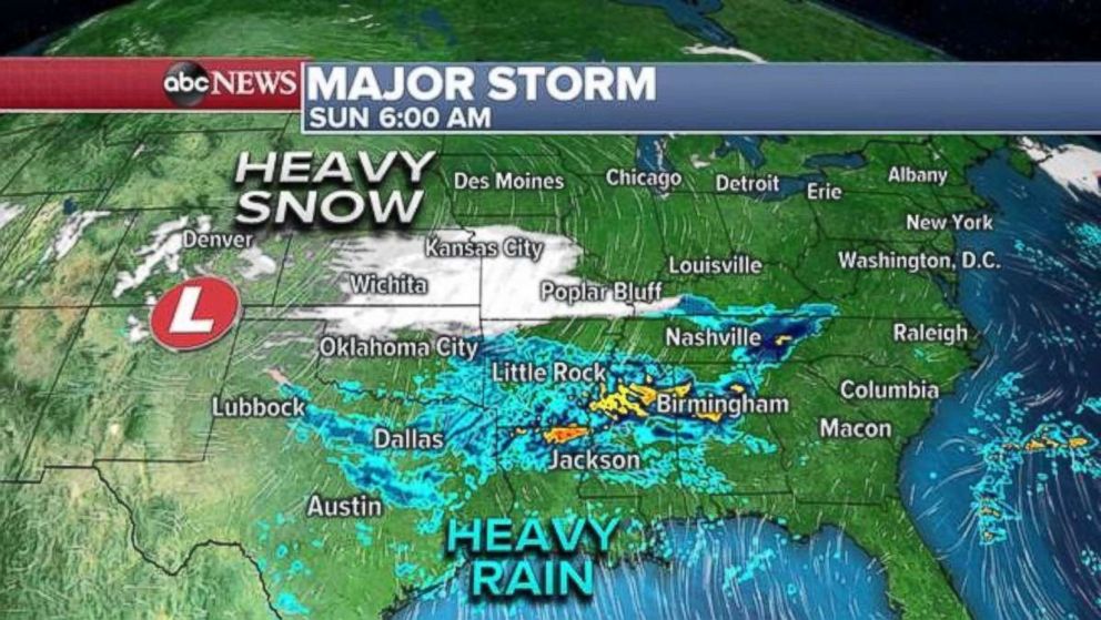 PHOTO: The major storm, heading east, will deliver heavy rain to the South on Sunday morning.