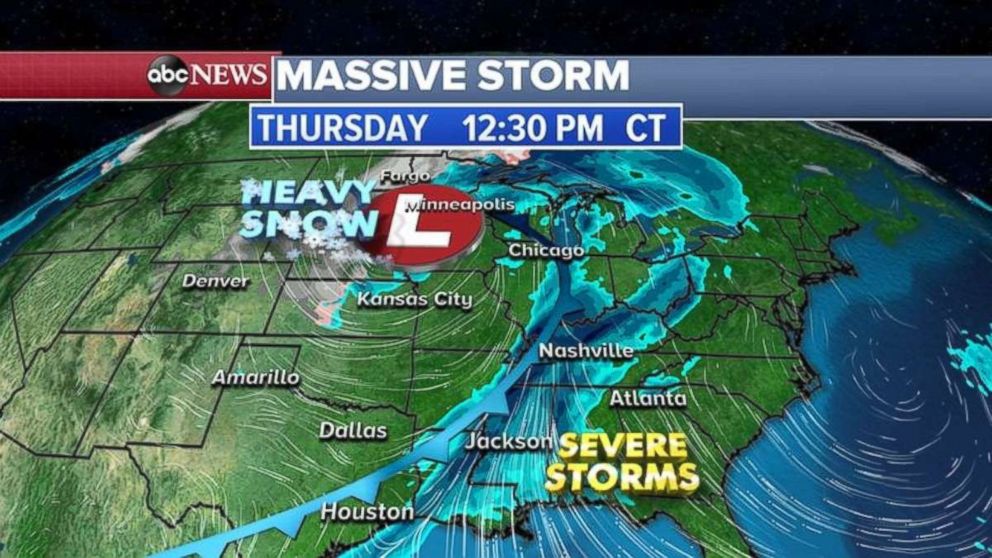 PHOTO: The massive storm pushes farther east on Thursday.