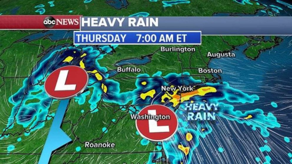 PHOTO: Heavy rain is likely to stretch from Chicago to New York on Thursday morning.