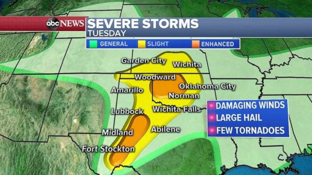PHOTO: Severe storms are forecast to cover much of the Plains on Tuesday.