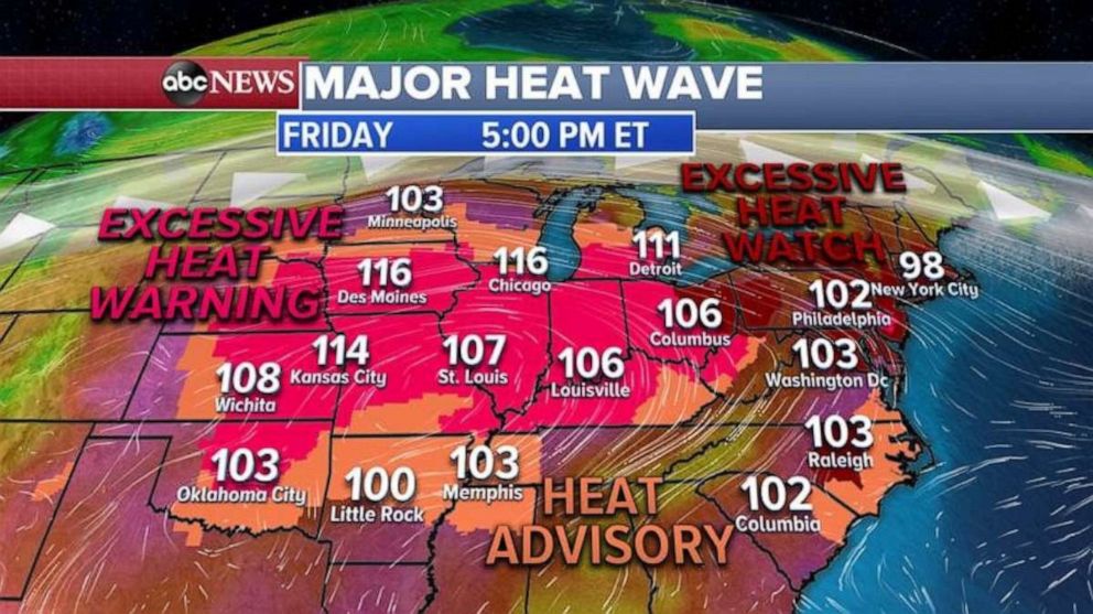 PHOTO: Heat warnings for Friday stretch across most of the U.S.