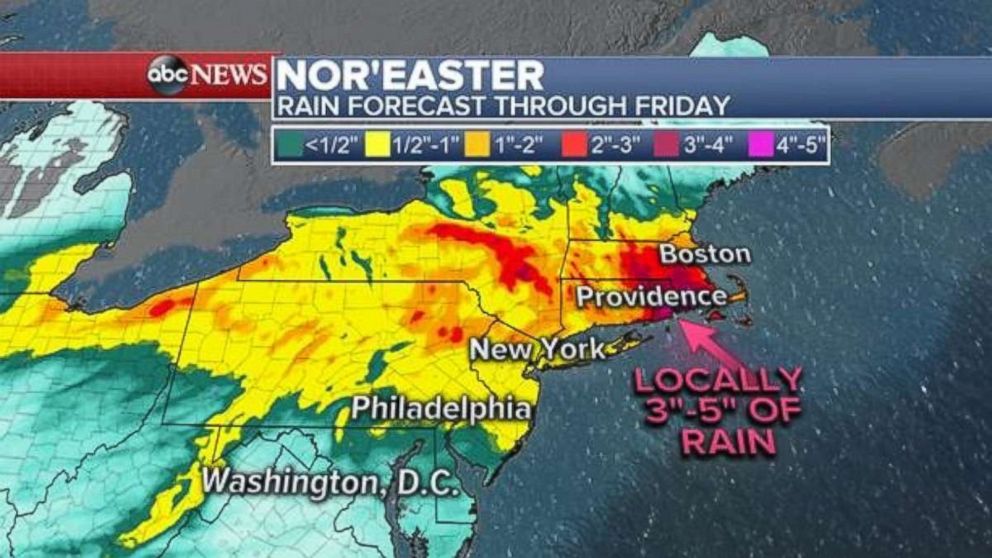 PHOTO: A heavy rain forecast shows 1-2” expected from Philadelphia to New York.