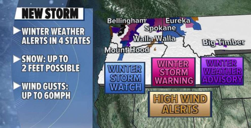 PHOTO: An ABC News weather map released on Dec. 18, 2021, shows winter weather alerts in 4 Western States.
