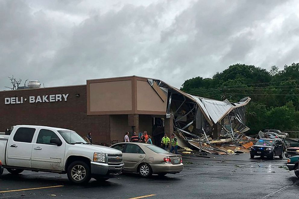 PHOTO: Storm damage from a suspected tornado in Wright County at the Town and Country Supermarket in Hartville, Mo., May 21, 2019. 