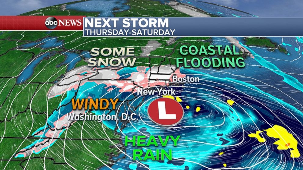 By late Thursday, another strong coastal storm may be forming in the Northeast.