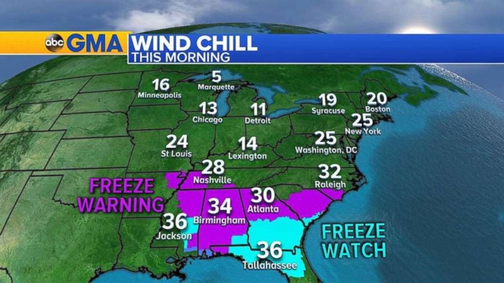 Wind chills Wednesday morning will be in the 20s along the East Coast.