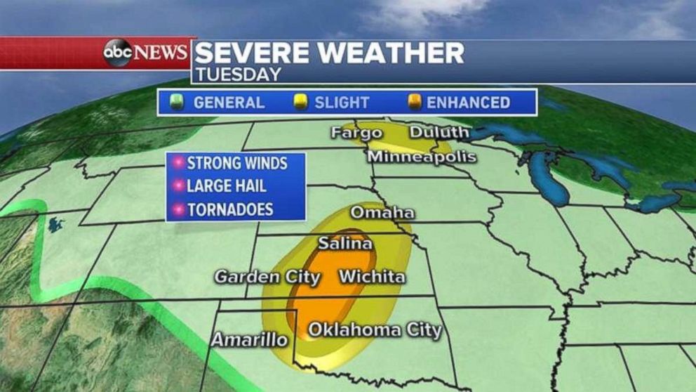 Severe weather today in the Midwest is mostly concentrated in Oklahoma and Kansas.