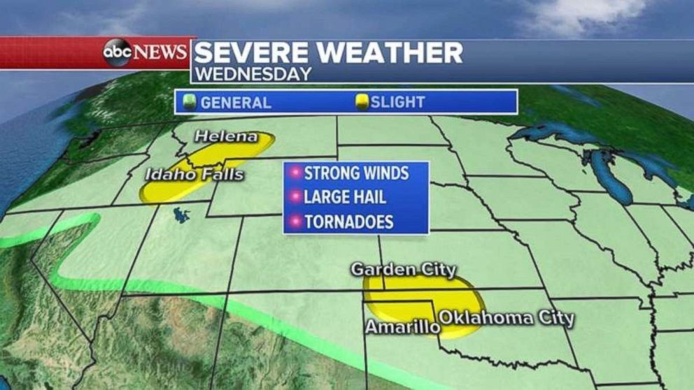 Severe weather will again stretch from the Rockies into the southern Plains.