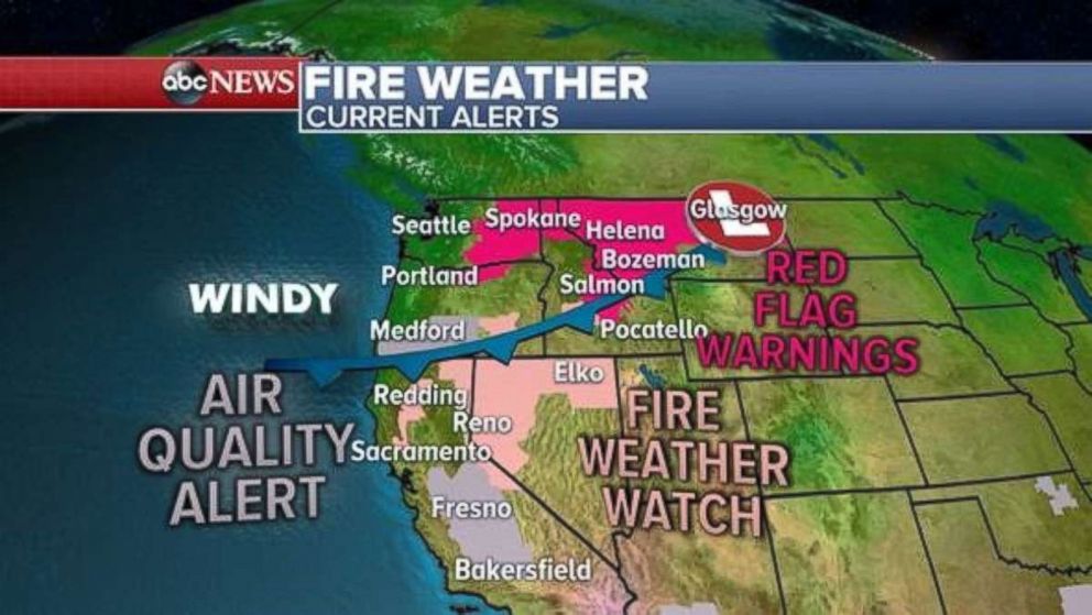 Fire weather watches and red flag warnings have been issued from California to Montana.