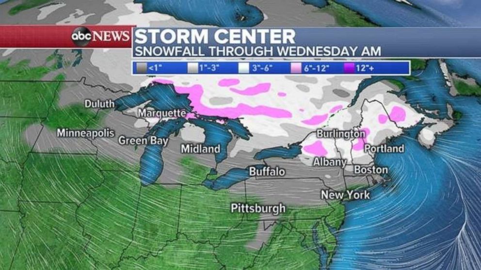 The Northeast could see some decent snowfalls through Wednesday morning.