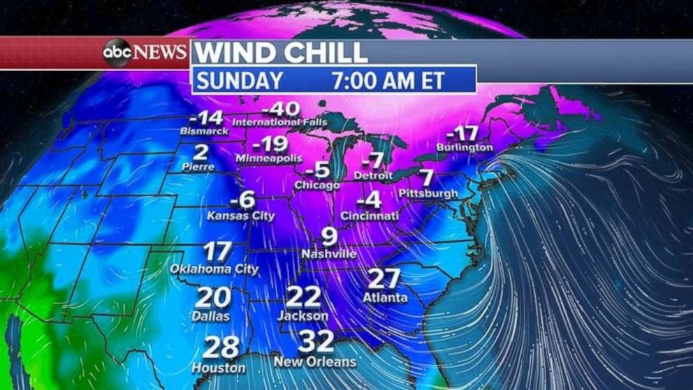 Sunday wind chills will be brutally cold in much of the country.