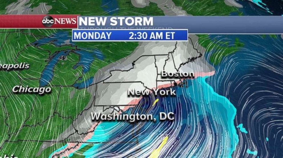 PHOTO: The new storm will be blanketing the Northeast by early Monday.