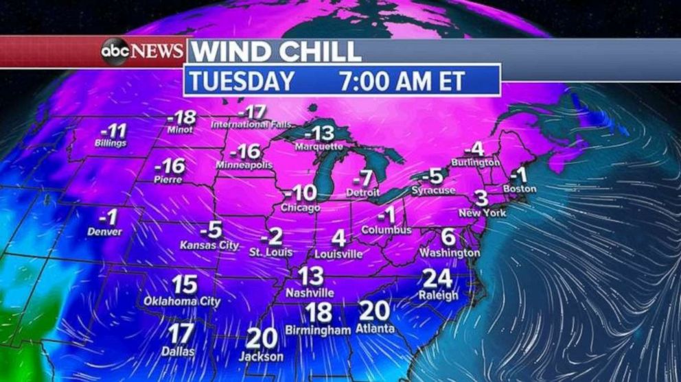 PHOTO: Wind chills also will be very cold in many spots on Tuesday.