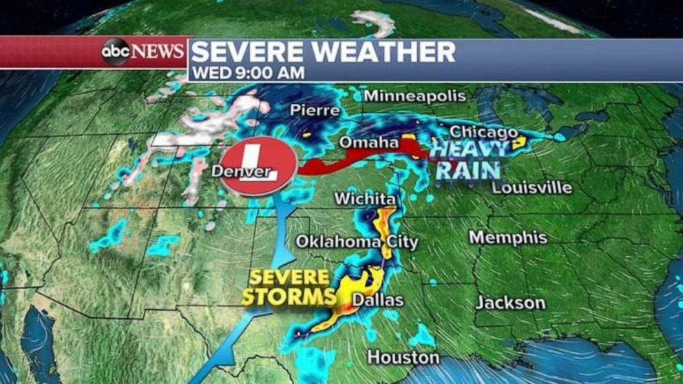 PHOTO: Storms will be over the heart of Texas, with heavy rain in the Upper Midwest, on Wednesday.
