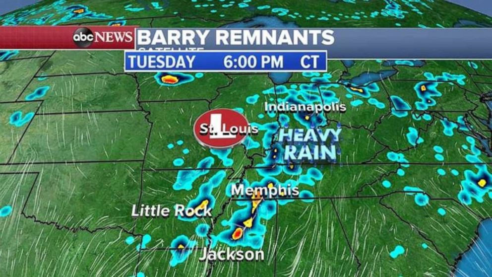 PHOTO: Remnants from Barry should travel farther north on Tuesday.