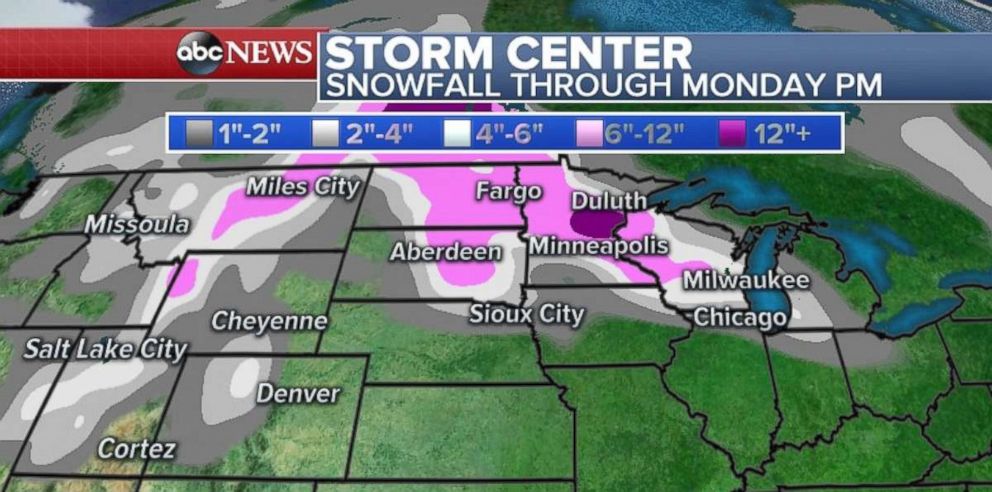 Snow is expected through Monday night in the Upper Midwest.