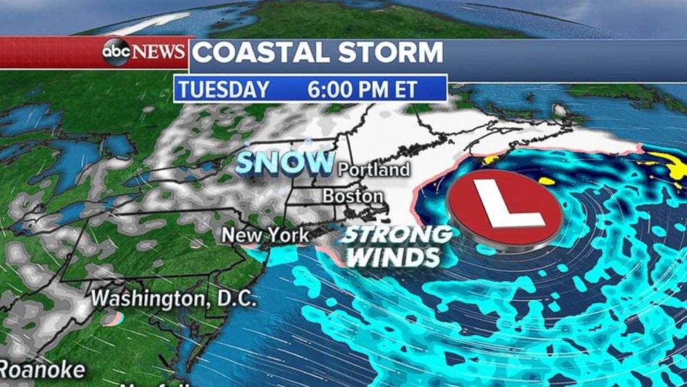 A coastal storm Tuesday night will bring snow and strong winds to much of the Northeast.
