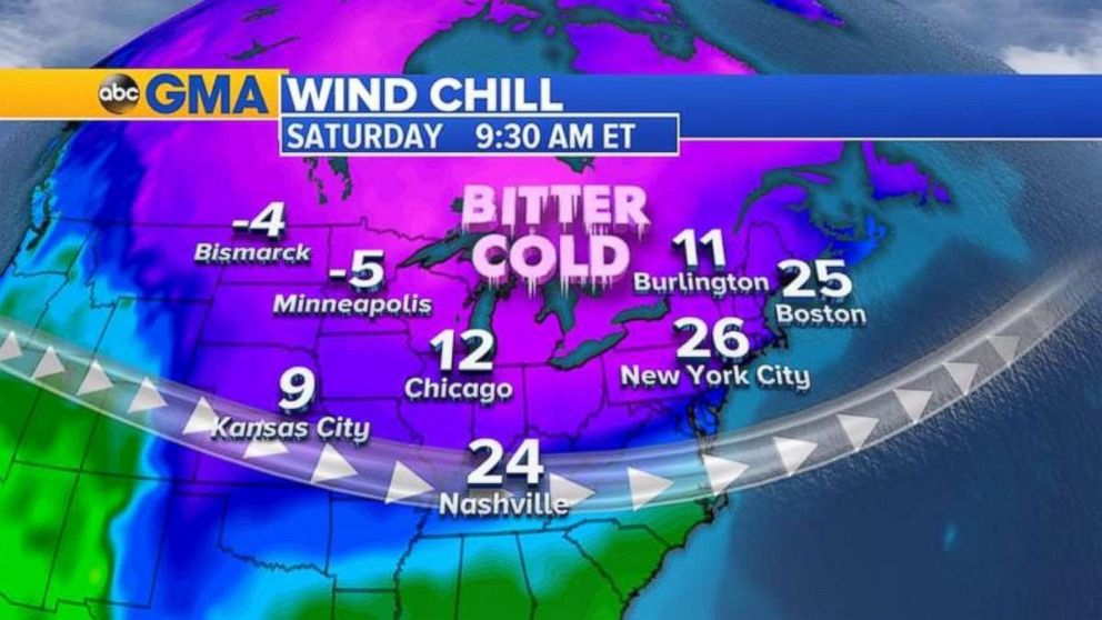 Bitterly cold wind chills are expected in the Upper Midwest and Northeast on Saturday.