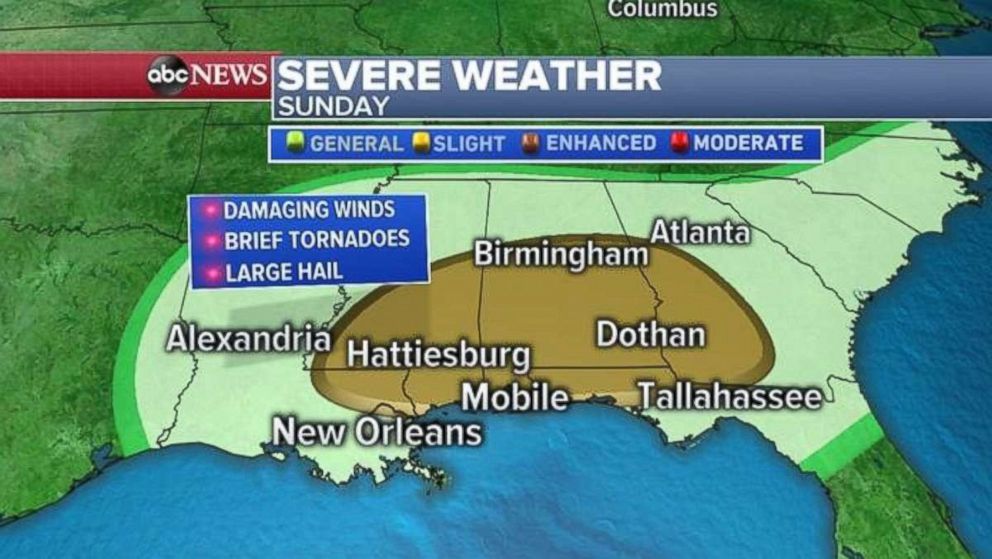 PHOTO: Severe weather is expected Sunday across much of the South.