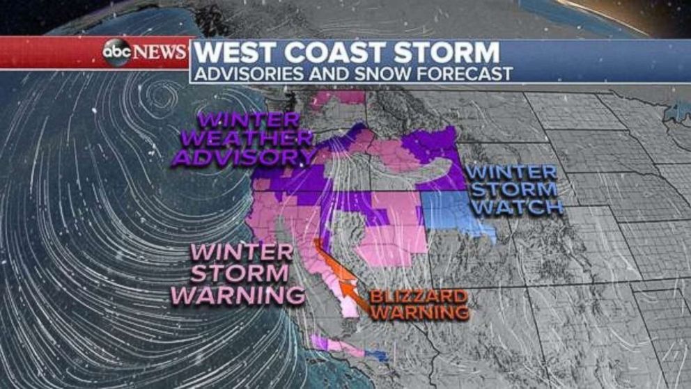 PHOTO: Winter storm warnings are in effect across the west coast with a forecast of heavy snow in the mountains and possibly flooding rain on the California Coast.