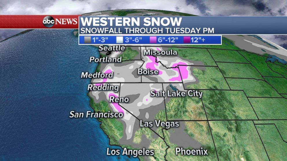 Snow is expected through Tuesday night in much of the Pacific Northwest.